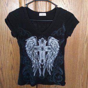 Graphic Tee with Angel's Wings and Cross